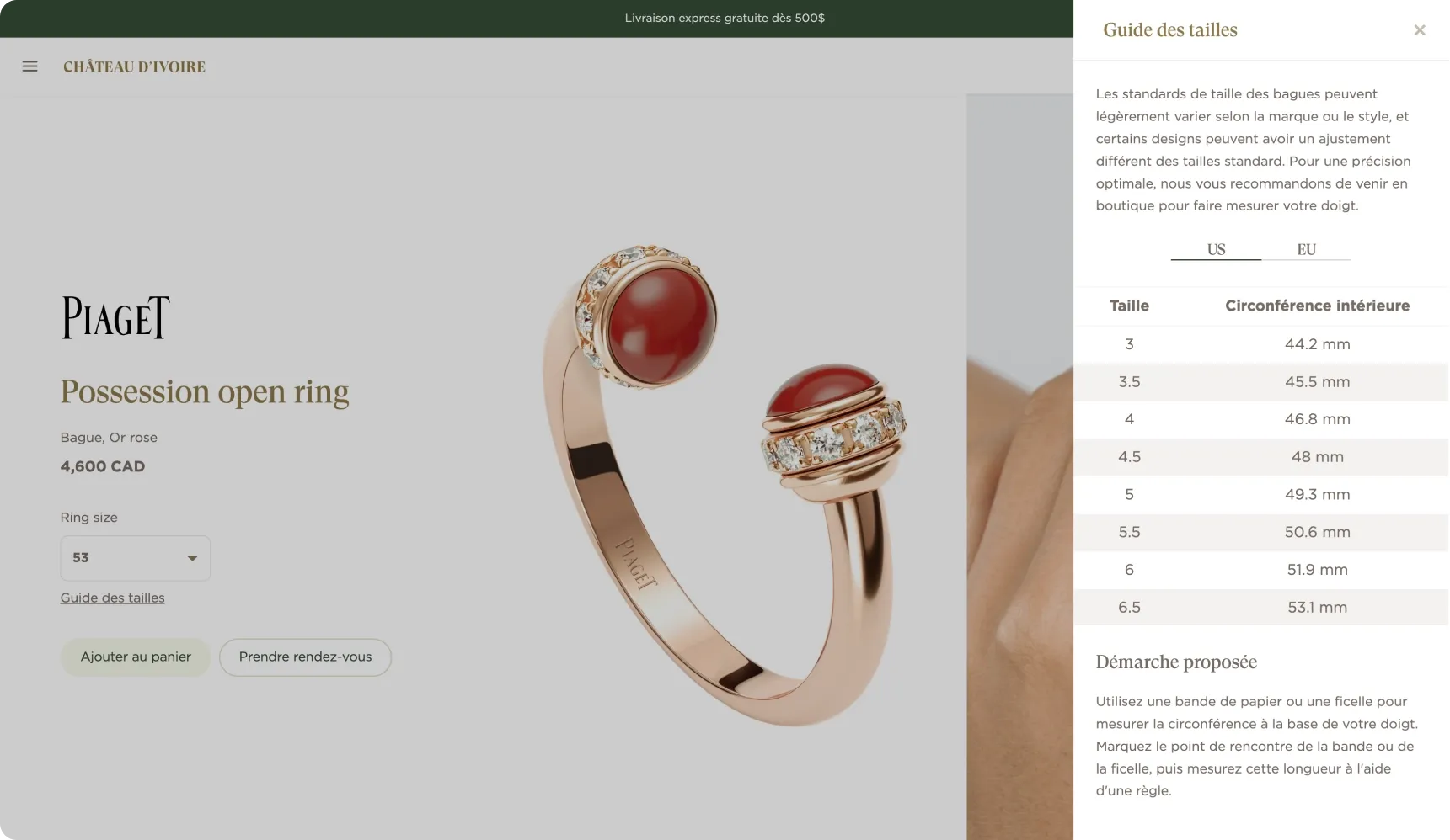 Un outil pratique qui aide les clients à déterminer la taille exacte de leurs bijoux, assurant un ajustement parfait à la livraison.